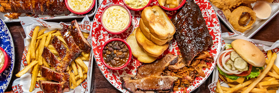 A table full of BBQ food