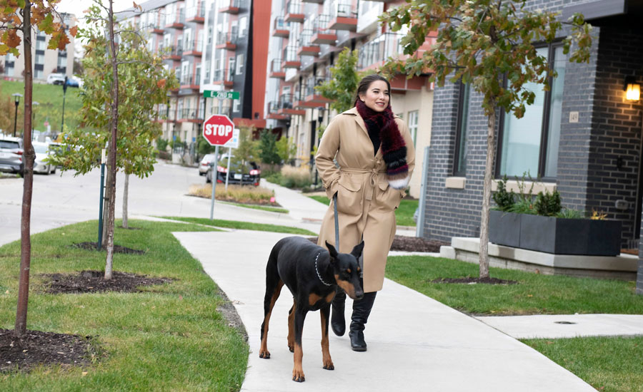 Woman walking dog in an urban apartment neighborhood