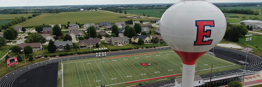 An elevated view of Earlham's new track with the water tower on the right. 